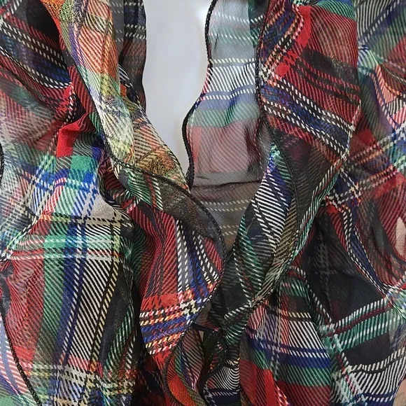 Lauren Ralph Lauren Ruffled Holiday Plaid Oblong Scarf Silk NWT - Picture 2 of 11